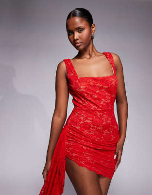 The Dolls House Circa Cindy Lace Square Neck Mini Dress In Red