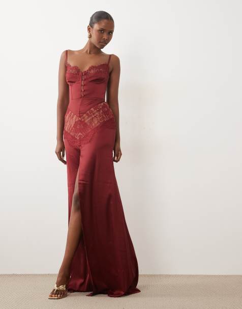 The Dolls House Circa Dolce exclusive premium satin and lace insert cami maxi dress in burgundy - view 1