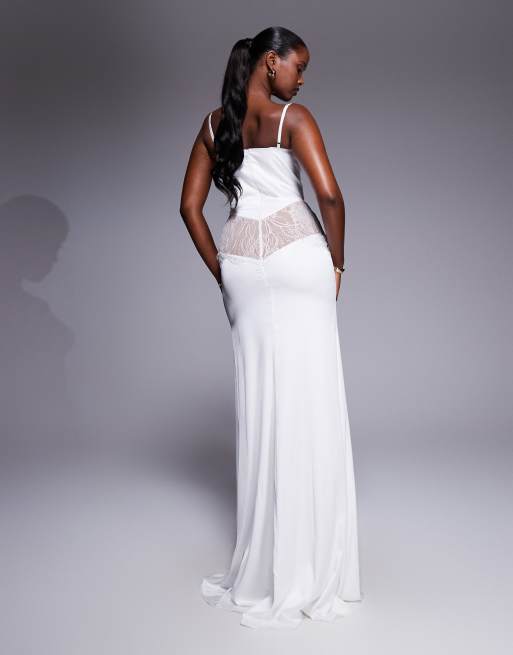 The Dolls House Circa Dolce lace cut-out satin maxi dress in ivory