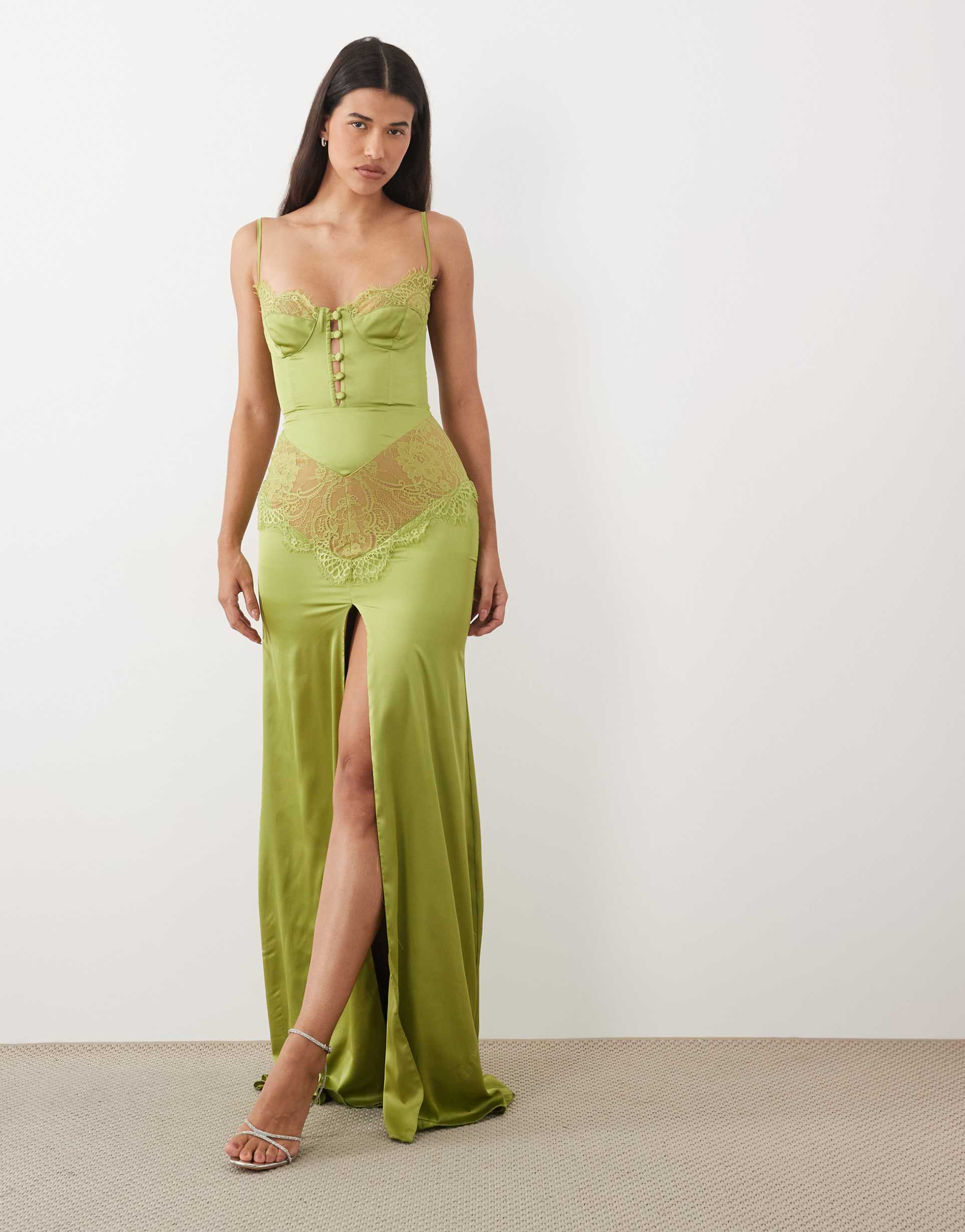 the dolls house circa dolce premium satin and lace insert cami maxi dress in light green