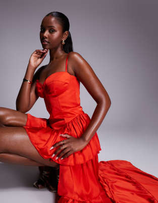The Dolls House Circa Dolce Tiered Ruffle High Low Maxi Dress In Red