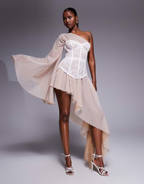 The Dolls House Circa Evangeline asymmetric polka lace corset maxi dress in ivory