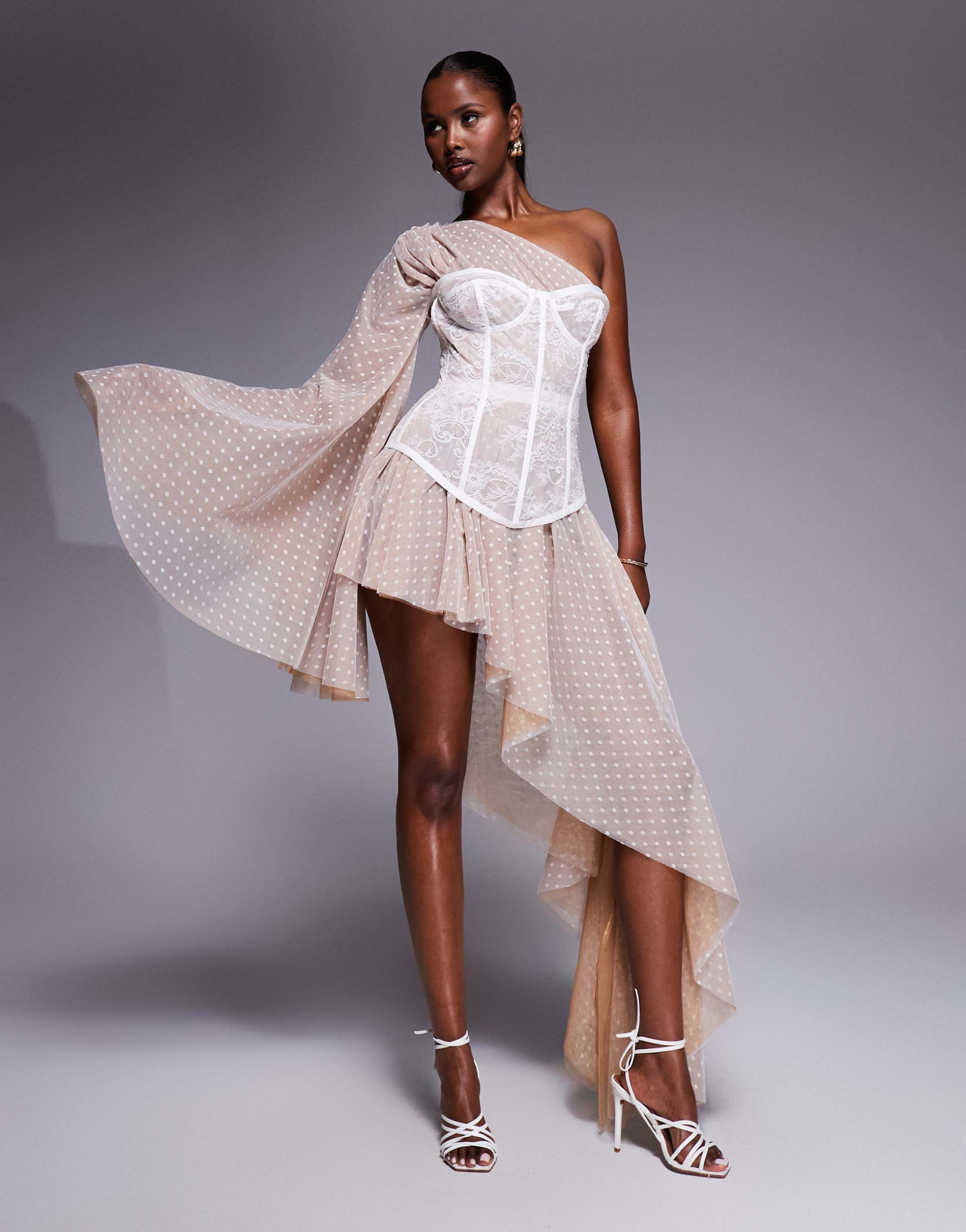 the dolls house circa evangeline asymmetric polka lace corset maxi dress in ivory