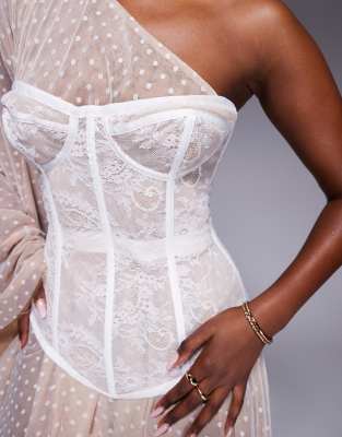 The Dolls House Circa Evangeline Asymmetric Polka Lace Corset Maxi Dress In White