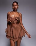 [The Dolls House Circa] The Dolls House Circa Fleur ruffle cut-out mini dress in chocolate brown S Chocolate Brown
