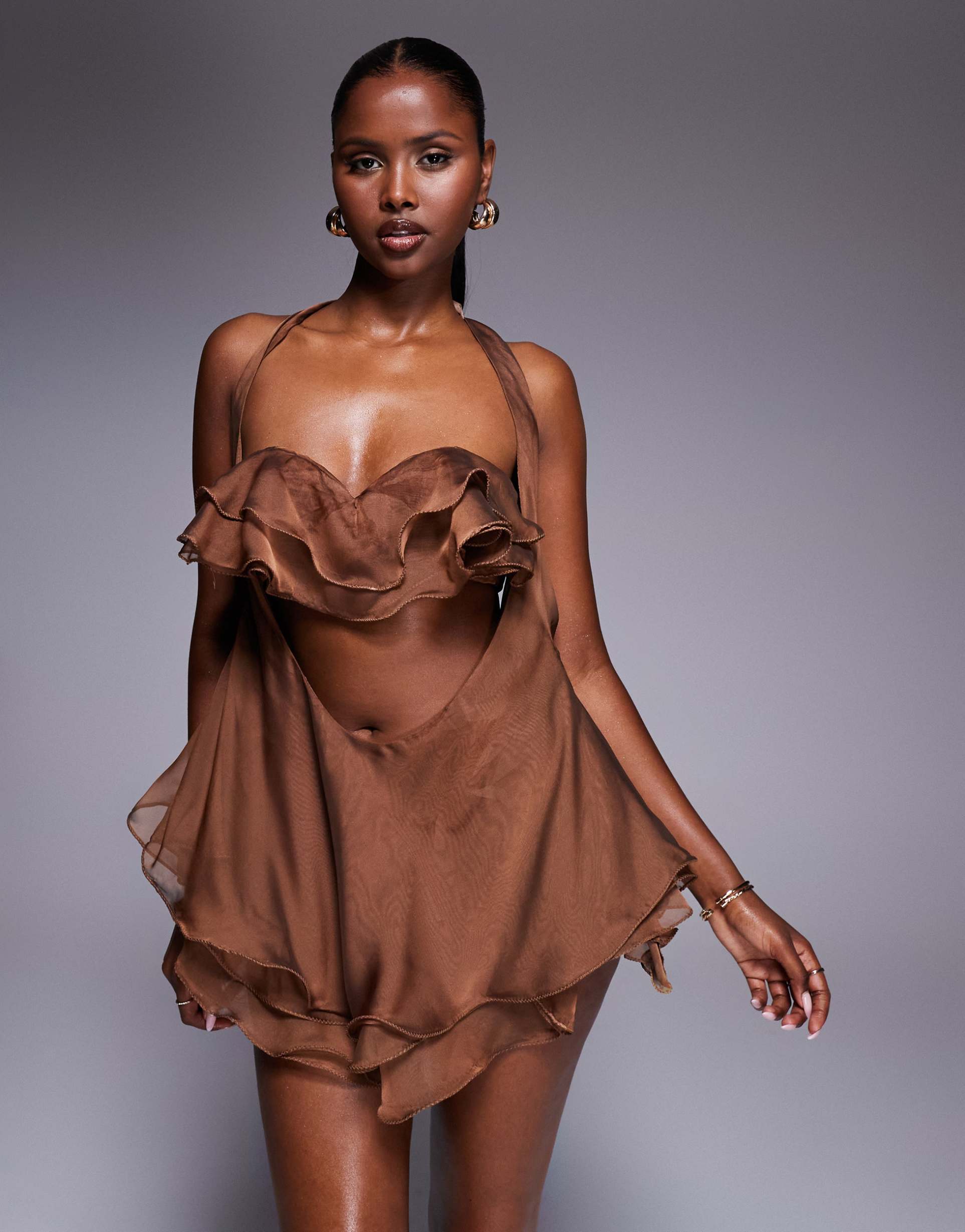 the dolls house circa fleur ruffle cut-out mini dress in chocolate brown