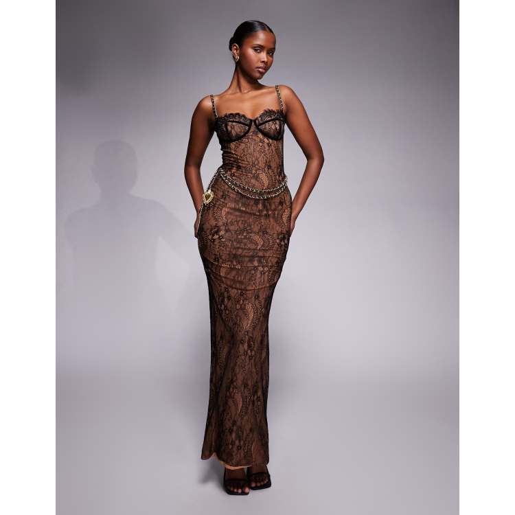 The Dolls House Circa Francesca cup detailing lace maxi dress with gold-tone chain belt in Black