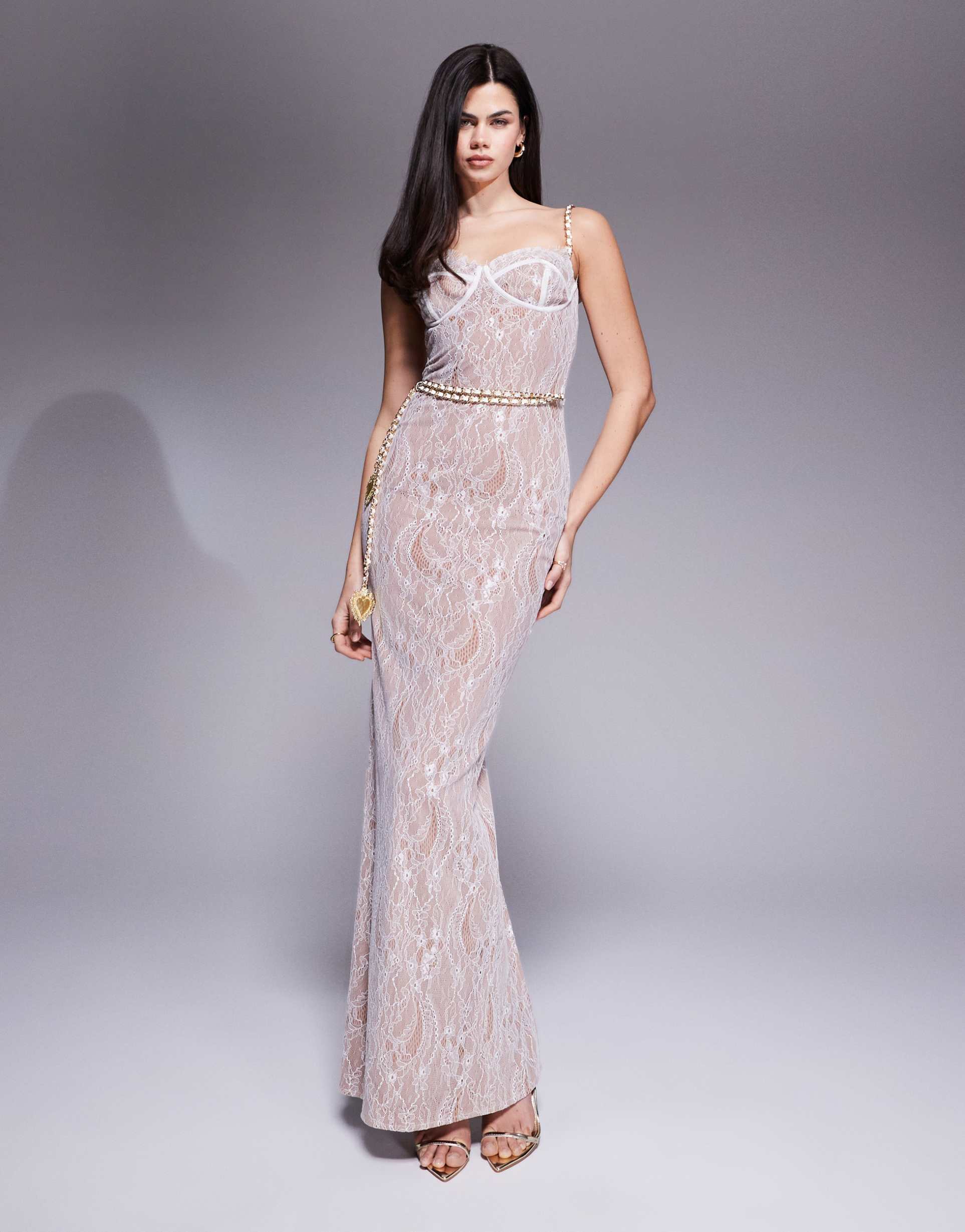 the dolls house circa francesca lace cup detailing maxi dress with belt in ivory