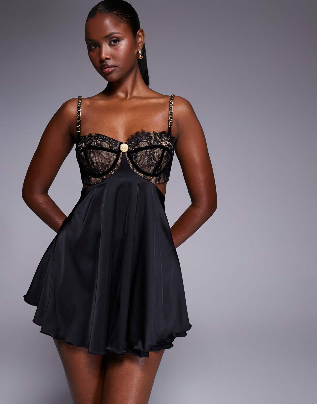 The Dolls House Circa Frenchie open back lace bralet mini dress in black