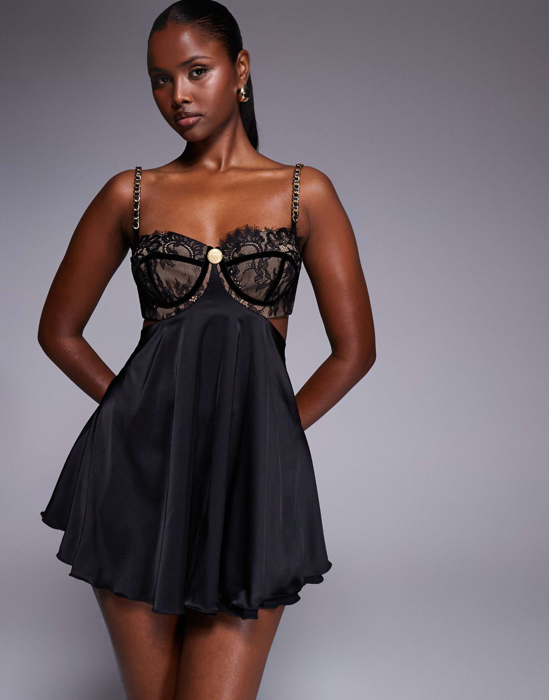 the dolls house circa frenchie open back lace bralet mini dress in black