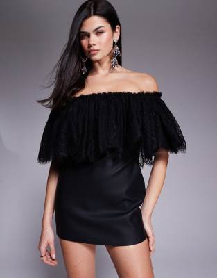 The Dolls House Circa Kelsey Leather Look Lace Overlay Off The Shoulder Mini Dress In Black