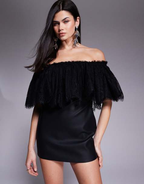 The Dolls House Circa Kelsey leather look lace overlay off the shoulder mini dress in black - view 1