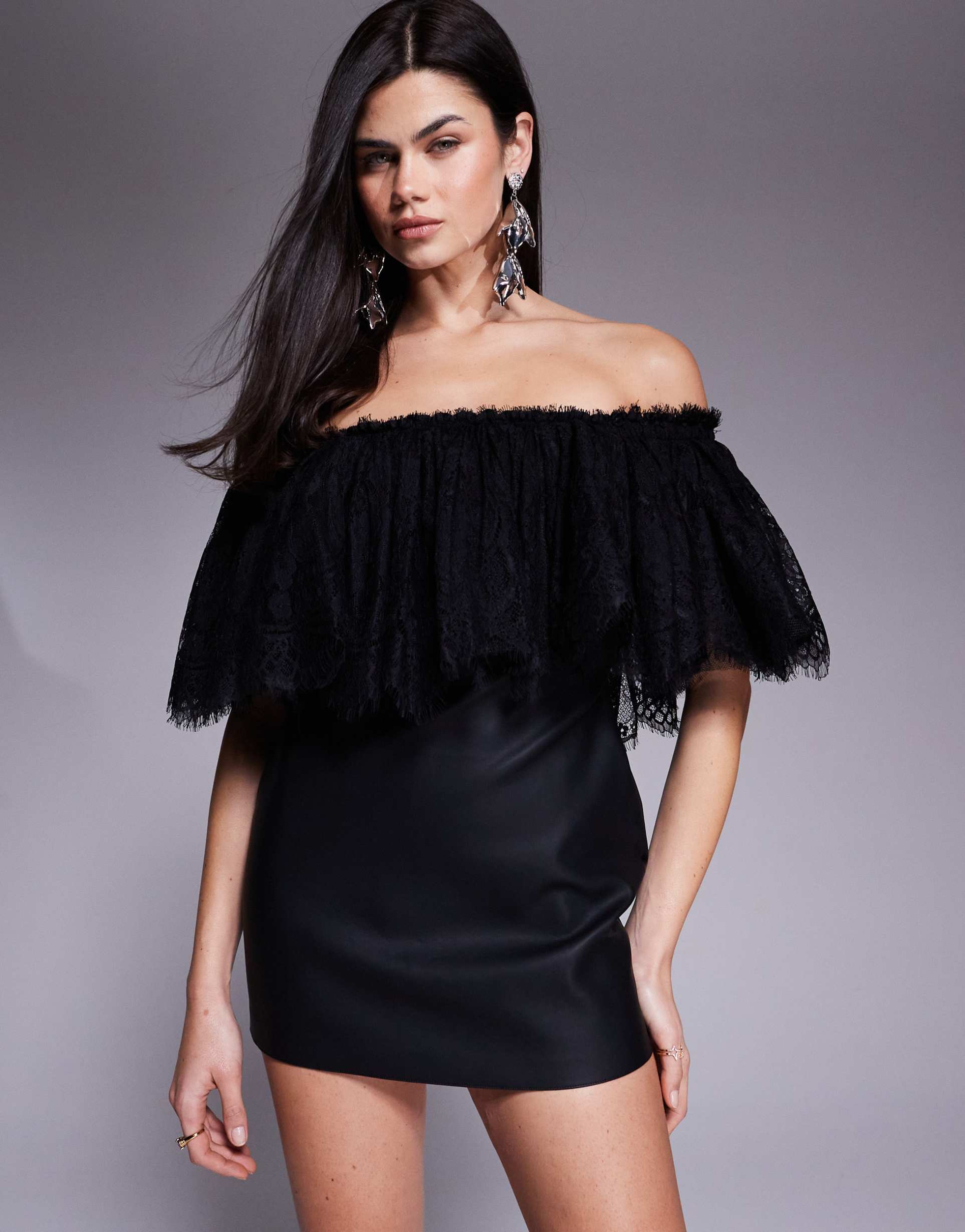 the dolls house circa kelsey leather look lace overlay off the shoulder mini dress in black