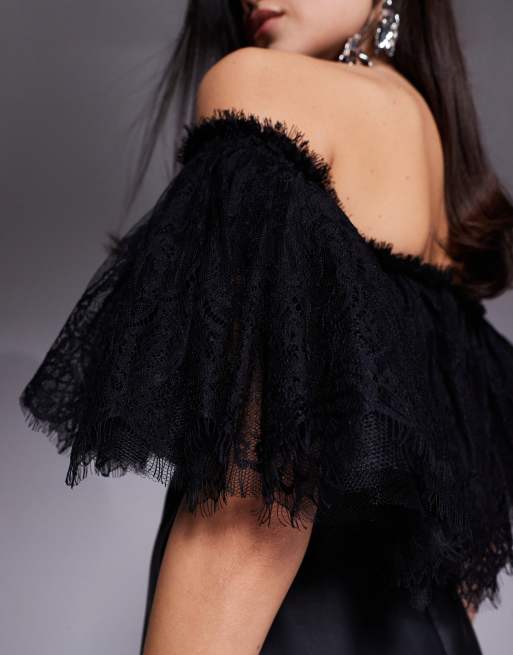 The Dolls House Circa Kelsey robe courte en dentelle à superposition bardot noire, 2 de 4