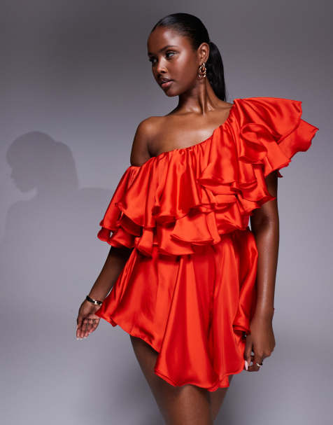 The Dolls House Circa Liliana asymmetric ruffle satin romper in red - view 1