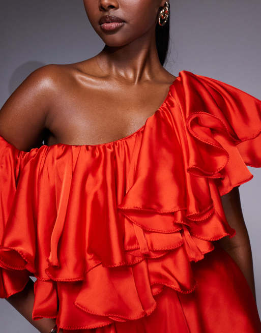The Dolls House Circa Liliana asymmetric ruffle satin romper in red, 3 of 4
