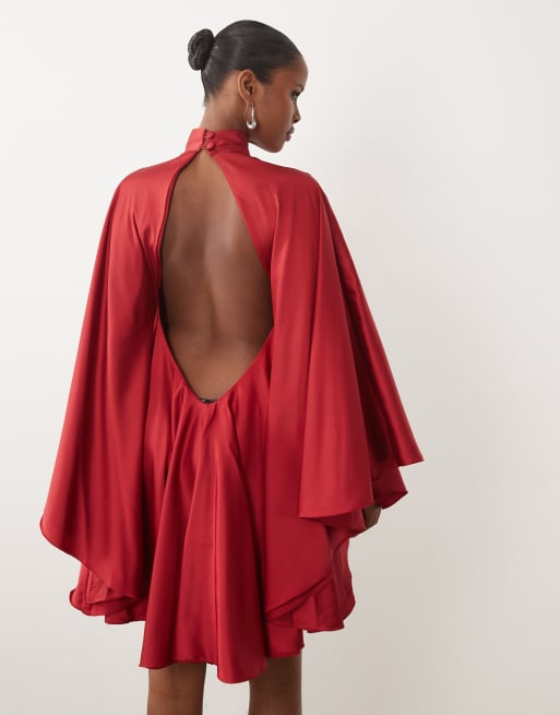 The Dolls House Circa Lorena satin volume high neck open back mini dress in burgundy, 2 of 4