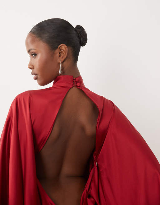 The Dolls House Circa Lorena satin volume high neck open back mini dress in burgundy, 3 of 4