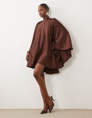 The Dolls House Circa Lorena Satin Volume High Neck Open Back Mini Dress In Brown