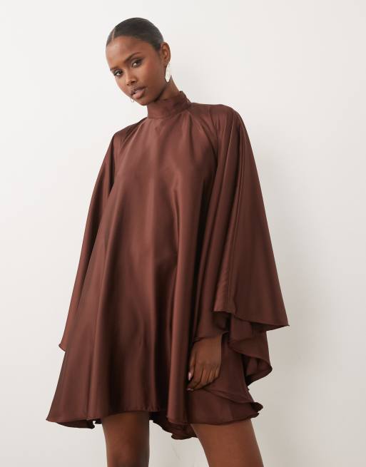 The Dolls House Circa Lorena satin volume high neck open back mini dress in chocolate, 2 of 4