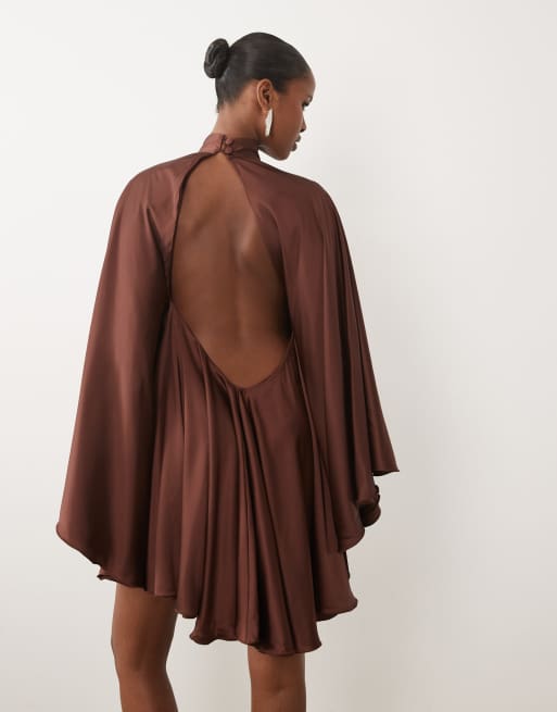 The Dolls House Circa Lorena satin volume high neck open back mini dress in chocolate, 4 of 4