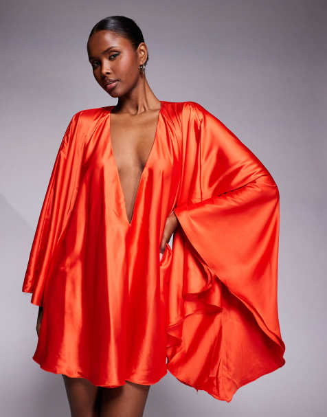 The Dolls House Circa Lorena satin volume sleeve plunge neck mini dress in red