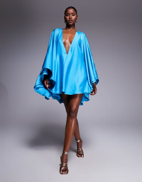 The Dolls House Circa Lorena volume sleeve plunge satin mini dress in turquoise blue