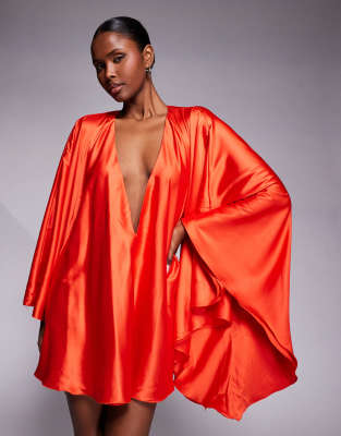 The Dolls House Circa Lorena Volume Sleeve Plunge Satin Mini Dress In Orange