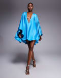 [The Dolls House Circa] The Dolls House Circa Lorena volume sleeve plunge satin mini dress in turquoise blue One Size Turquoise Blue