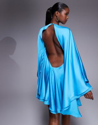 The Dolls House Circa Lorena Volume Sleeve Plunge Satin Mini Dress In Blue