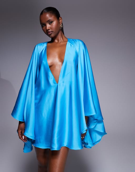 The Dolls House Circa Lorena volume sleeve plunge satin mini dress in turquoise blue