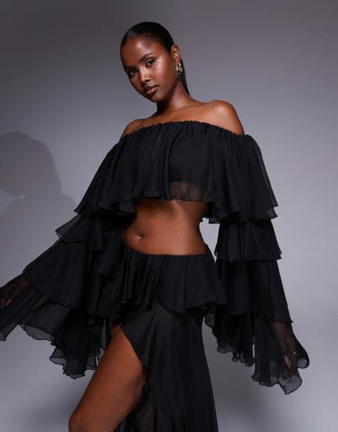 The Dolls House Circa Madonna bardot ruffle top co-ord in black - view 1