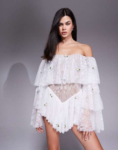 The Dolls House Circa Madonna lace off the shoulder flower detailing romper in ivory - view 1