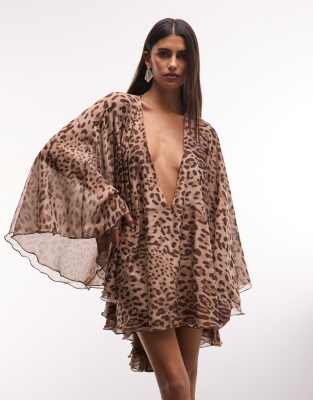 The Dolls House Circa Premium Chiffon Wide Bell Sleeve Deep Plunge Neck Mini Dress In Multi