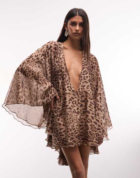 The Dolls House Circa  premium chiffon wide bell sleeve deep plunge neck mini dress in leopard print - view 1
