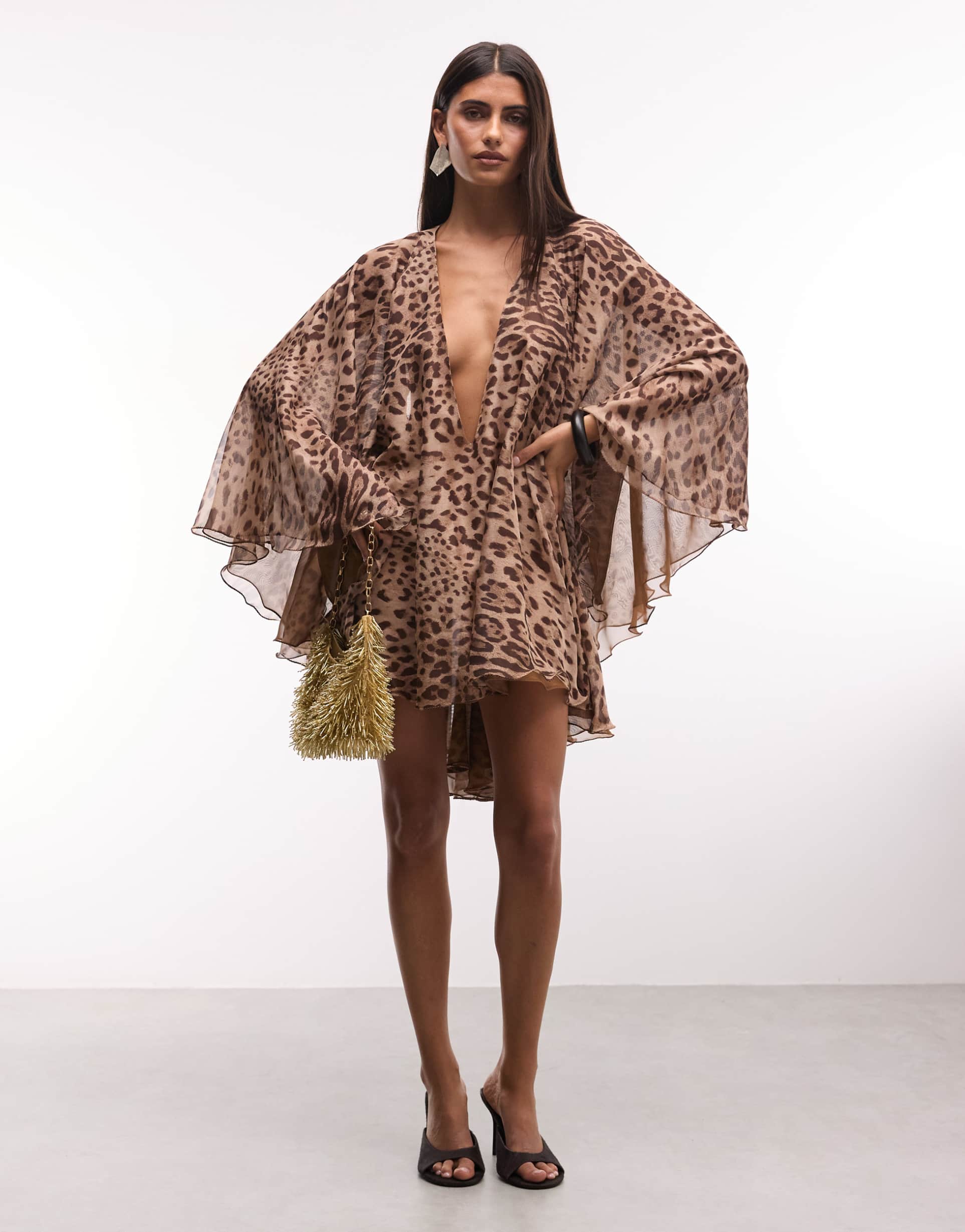 the dolls house circa premium chiffon wide bell sleeve deep plunge neck mini dress in leopard print