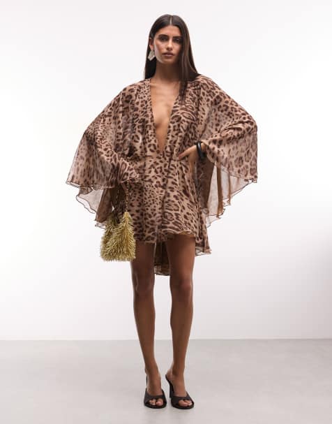 The Dolls House Circa  premium chiffon wide bell sleeve deep plunge neck mini dress in leopard print