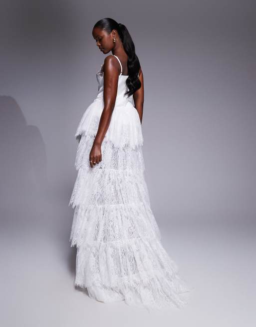 The Dolls House Circa Roxanna tiered ruffle lace high low maxi dress in ivory
