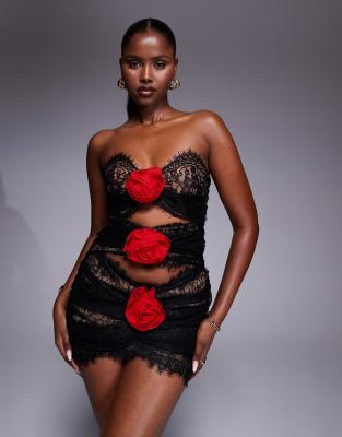 The Dolls House Circa Sophie Red Rosette Cut-out Lace Mini Dress In Black