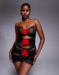 [The Dolls House Circa] The Dolls House Circa Sophie red rosette cut-out lace mini dress in black L Black