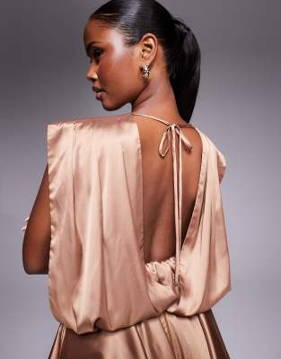 The Dolls House Circa Yasmin Structured Shoulder Plunge Satin Romper In Neutral