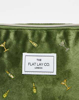 Flat Lay Company The Flat Lay Co. X Asos Exclusive Essential Makeup Pouch - Drinks Embroidered Velvet-green In Green