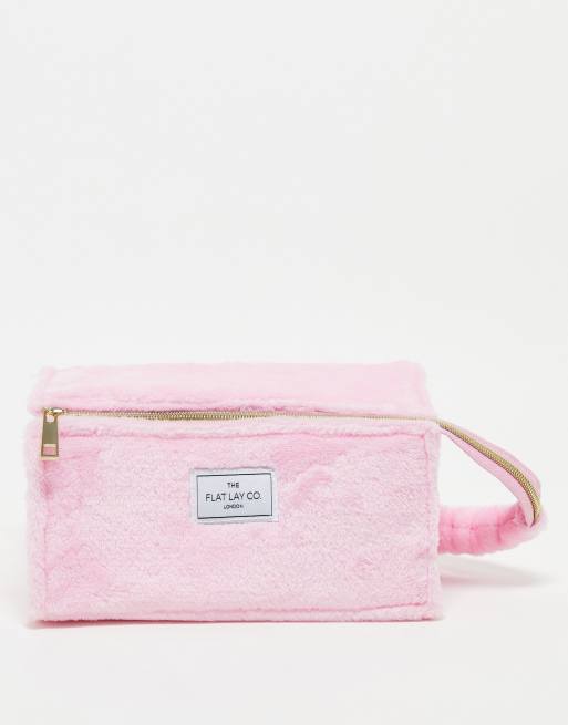 The Flat Lay Co. X ASOS EXCLUSIVE Open Flat Makeup Box Bag Fluffy Pink Gingham