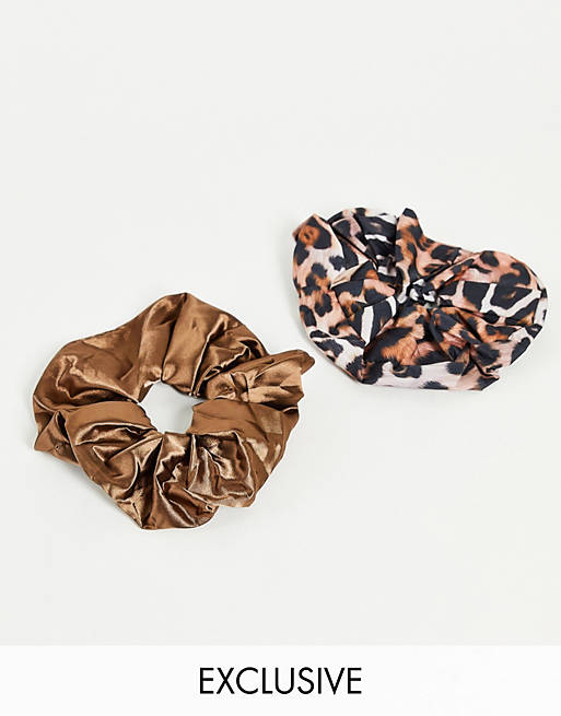 The Flat Lay Co. X ASOS Exclusive Scrunchie Set - Warped Leopard Print and Brown Silk