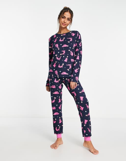 The Flintstones Dino long pajama set in navy and pink | ASOS