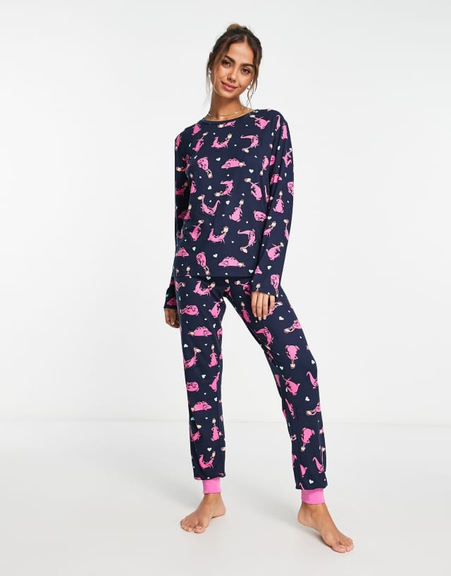 The Flintstones Dino long pajama set in navy and pink