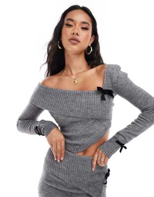 asymmetric bow detail sweater in charcoal - part of a set-Gray