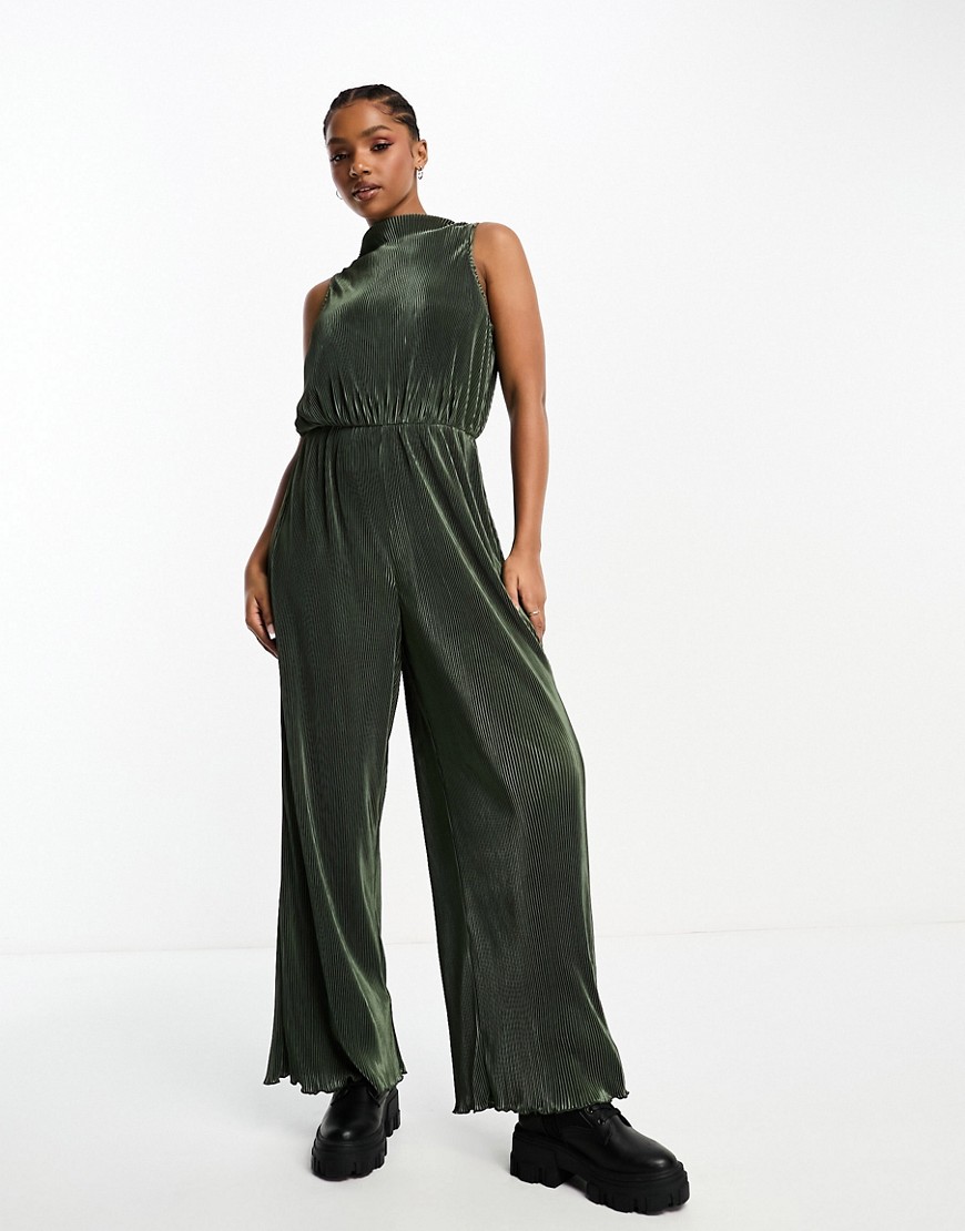 The Frolic autumn floral print plisse halter jumpsuit in brown-Green