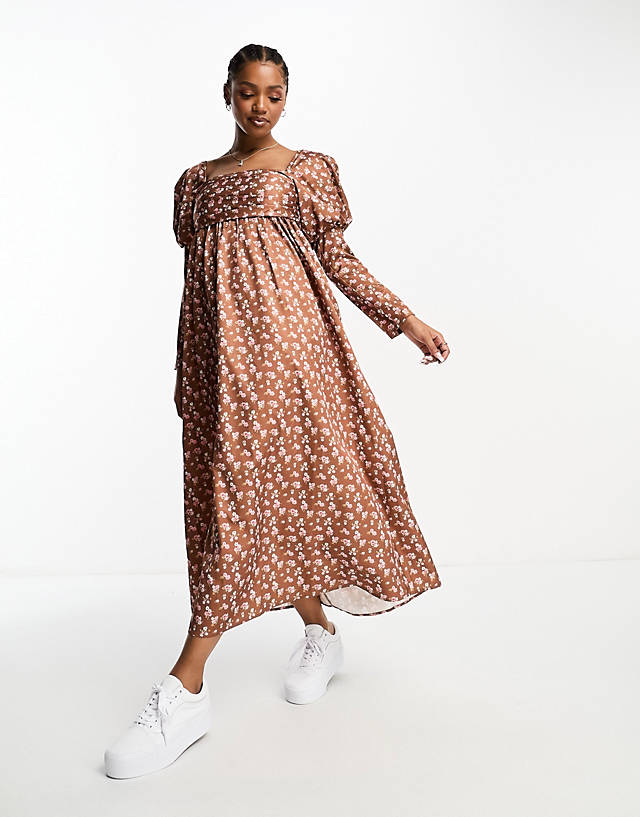 The Frolic - autumn floral print puff sleeve maxi dress in brown