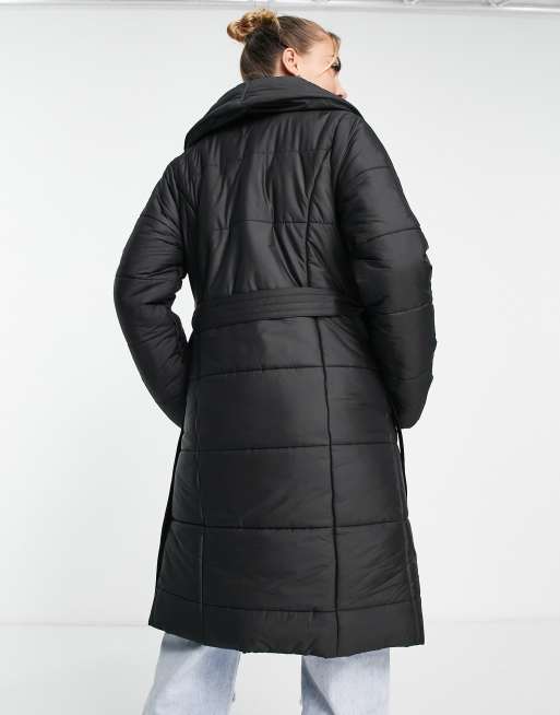 Maternity Black Collar Belted Longline Puffer Coat